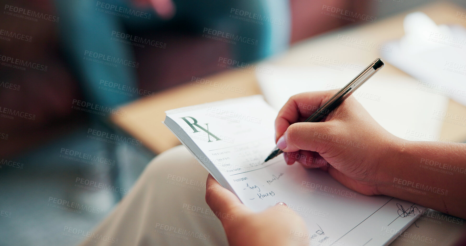 Buy stock photo Prescription pad, writing and hands of psychologist in office for therapy with mental health assessment. Counseling, medical service and psychiatrist with patient medication with support or help.