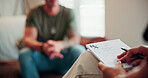 Notepad, writing and psychiatrist in office for therapy session with mental health assessment. Counseling, book and psychologist with research for patient information with support, help or advice.