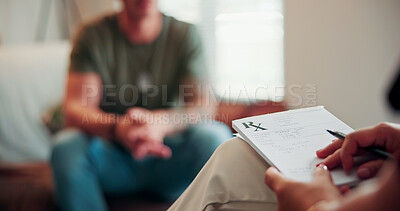 Buy stock photo Prescription pad, session and hands of psychologist in office for therapy with mental health assessment. Counseling, medical service and psychiatrist with notebook for patient medication with support