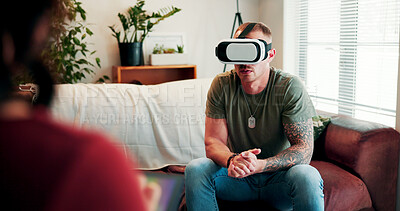 Buy stock photo Therapist, veteran and man with vr in clinic, trauma counseling or mental health help for rehabilitation. Exposure therapy, psychology or people with war scenario simulation for healing, tech or ptsd
