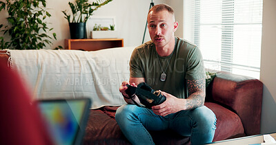 Buy stock photo Therapy, talking and man with virtual reality in counseling for ptsd, interactive session and metaverse. Psychology, soldier or patient with vr goggles for digital simulation, observation and healing