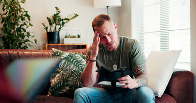 Buy stock photo Stress, trauma and man with virtual reality in therapy for ptsd, interactive session and metaverse. Psychology, soldier and patient with vr goggles for digital simulation, counseling or healing