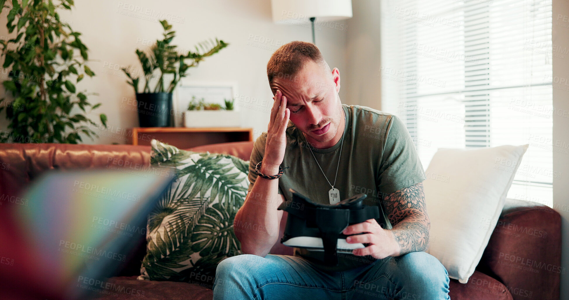 Buy stock photo Stress, trauma and man with virtual reality in therapy for ptsd, interactive session and metaverse. Psychology, soldier and patient with vr goggles for digital simulation, counseling or healing