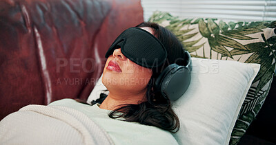 Buy stock photo Headphones, blindfold or woman on sofa for therapy, sensory deprivation or anxiety counseling technique. Relaxation training, psychology or person with mindfulness for ptsd, therapeutic audio or tech