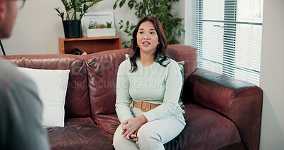 Buy stock photo Therapy, woman and discussion with anxiety, stress and sharing for counselling and mental health. Psychology, patient and chat for evaluation in clinic with consultation, grief and trauma support