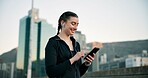 Fitness, phone and woman with earphones in city, workout playlist and streaming service. Music, happy runner and person in town for sports audio, subscription or listening to sound with app outdoor