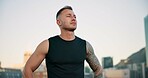 Man, fitness and athlete thinking in city for planning cardio exercise, runner perspective or space. Active, person and thoughtful in urban town for contemplating workout, health reflection or vision