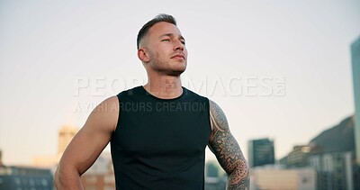 Buy stock photo Man, fitness and athlete thinking in city for planning cardio exercise, runner perspective or space. Active, person and thoughtful in urban town for contemplating workout, health reflection or vision