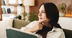 Decision, relax and tablet with woman on sofa in living room to search review of streaming service. App, subscription and thinking with person browsing internet for media choice, ideas or option