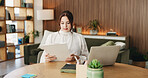 Woman, clipboard and reading with laptop for project draft, editing article and creative process in home. Remote work, freelance writer and tech for proofreading with document or blog post feedback