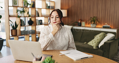 Buy stock photo Woman, thinking and reflection with laptop for project draft, editing article and creative process in home. Remote work, freelance writer and tech for proofreading with document or blog post feedback