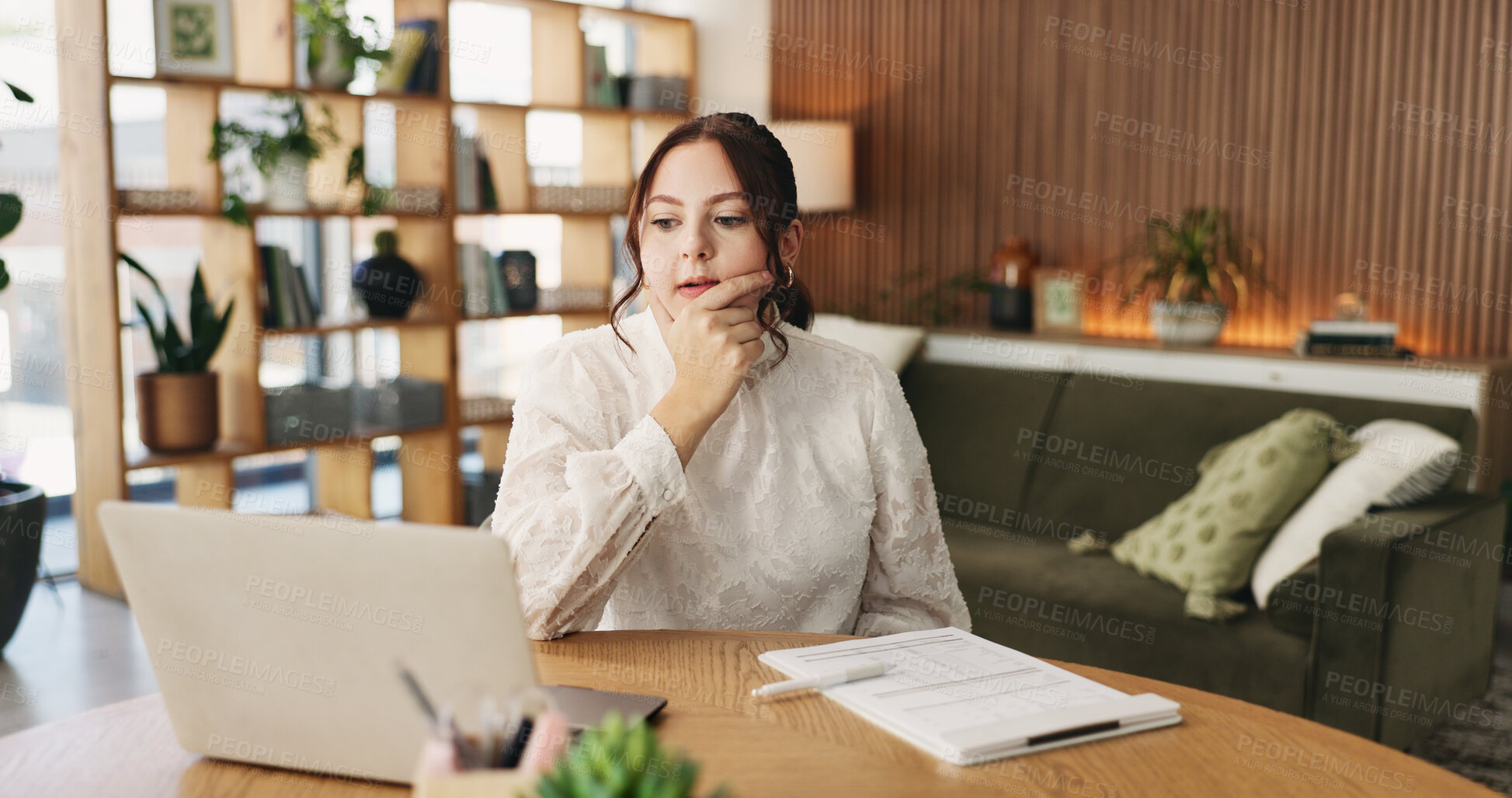 Buy stock photo Woman, thinking and reflection with laptop for project draft, editing article and creative process in home. Remote work, freelance writer and tech for proofreading with document or blog post feedback
