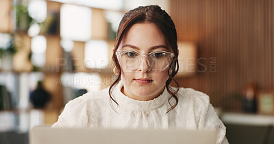 Buy stock photo Woman, freelancer and reading with laptop for project draft, editing article and creative process in home. Remote work, writer and glasses for proofreading with digital tech or blog post feedback