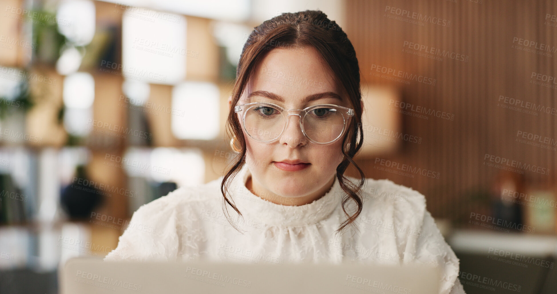 Buy stock photo Woman, freelancer and reading with laptop for project draft, editing article and creative process in home. Remote work, writer and glasses for proofreading with digital tech or blog post feedback