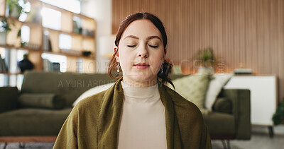 Buy stock photo Woman, relax and peace in living room with meditation, spiritual awareness and breathing for wellness. Zen, person and mindfulness in tranquil home with reflection, holistic health and stress relief.