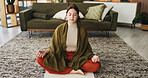Woman, meditation and lotus on floor in house with breathing exercise, wellness and zen in lounge. Person, yoga and pose with mudra on carpet, mindfulness or holistic fitness in living room at home