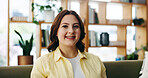 Portrait, relax and smile with woman in living room of home for break, me time chilling or weekend. Calm, personality and unwind with happy person in apartment for peaceful morning or wellness