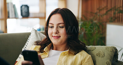 Buy stock photo Happy, woman and relax with phone at house for social media, browsing website and chatting. Smile, female person and reading with mobile app for text message, communication and online notification