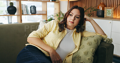 Buy stock photo Thinking, relax and woman on sofa in home for reflection, nostalgia and daydreaming on weekend. Apartment, bored and person on couch with memory, thoughtful and wondering for planning day on break