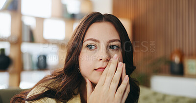 Buy stock photo Relax, thinking and weekend with woman on sofa in home living room for decision or inspiration. Break, contemplation and insight with thoughtful person in apartment for memories, planning or vision