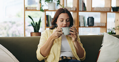 Buy stock photo Woman, relax and smell coffee in home with fragrance, calm morning routine or peace for weekend break. Female person, beverage aroma or drink scent in lounge with wellness, reflection or mindfulness.
