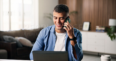 Buy stock photo Education, laptop and phone call with man in home living room for communication or university feedback. Computer, conversation and learning with happy college student in apartment for scholarship