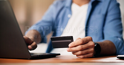 Buy stock photo Credit card, laptop and online shopping with hands of person in home for payment or purchase. Computer, ecommerce and transaction with customer at table in apartment for virtual store checkout