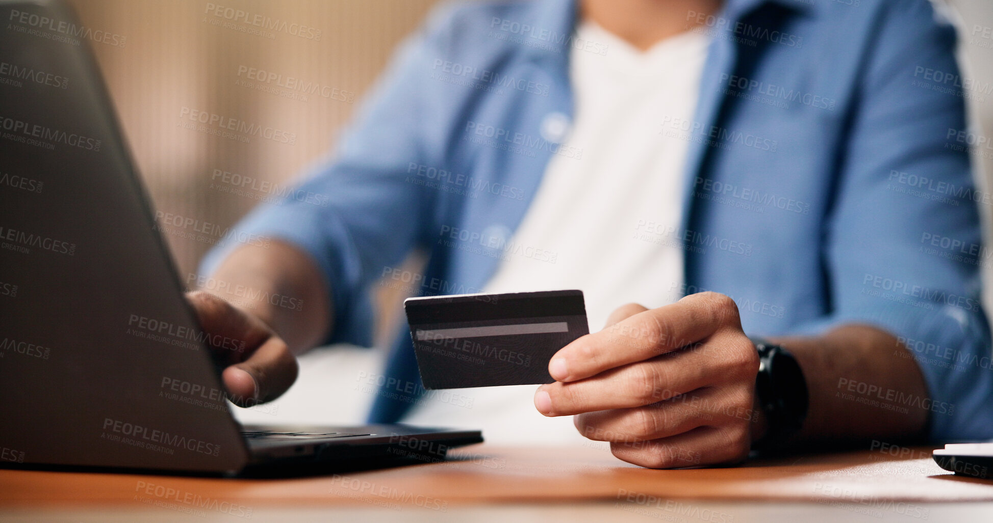 Buy stock photo Credit card, laptop and online shopping with hands of person in home for payment or purchase. Computer, ecommerce and transaction with customer at table in apartment for virtual store checkout