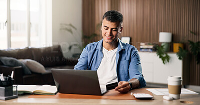 Buy stock photo Man, smile and credit card in living room with laptop, online payment and utility bills for apartment. Person, digital banking and fintech in home with computer, household expense or eft transaction.
