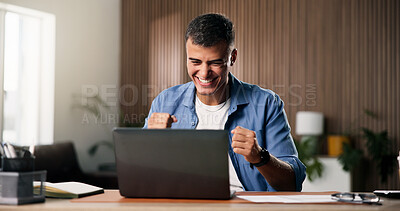 Buy stock photo Excited, fist pump and businessman with laptop in home office, success or design approval on website. Creative, graphic designer and happy person with tech for remote work, good news and celebration