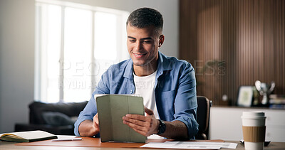 Buy stock photo Remote work, happiness or man in home office with tablet, source verification or positive feedback on article. WFH, smile or journalist with tech, blog approval or good news in director email.