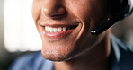 Man, remote work or mouth with headset in home, problem solving or consulting for troubleshooting advice. Smile, tech support or virtual assistant with hotline for customer care, freelance or contact