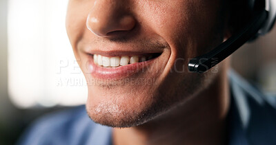 Buy stock photo Man, remote work or mouth with headset in home, problem solving or consulting for troubleshooting advice. Smile, tech support or virtual assistant with hotline for customer care, freelance or contact