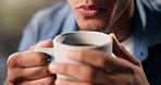 Blow, coffee and thinking with man on sofa in living room of home for weekend relax or wellness. Drink, cooling and smile with happy person in apartment to enjoy caffeine beverage for satisfaction