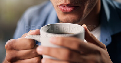 Buy stock photo Blow, coffee and thinking with man on sofa in living room of home for weekend relax or wellness. Drink, cooling and smile with happy person in apartment to enjoy caffeine beverage for satisfaction