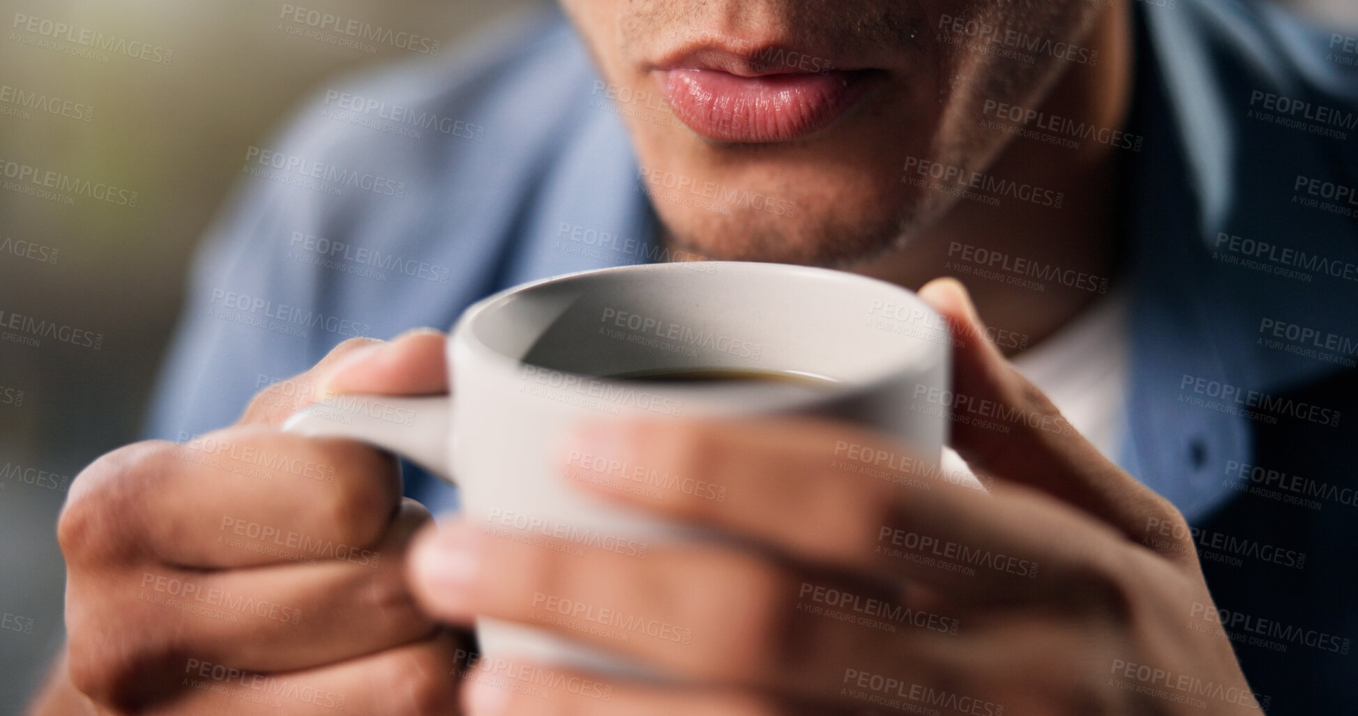 Buy stock photo Blow, coffee and thinking with man on sofa in living room of home for weekend relax or wellness. Drink, cooling and smile with happy person in apartment to enjoy caffeine beverage for satisfaction