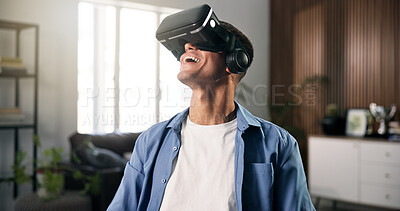 Buy stock photo VR headset, smile and man on sofa for online gaming, metaverse or connection in home. Happy, person and living room with virtual reality for augmented user experience, simulation or entertainment