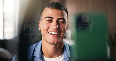 Buy stock photo Man, happy and phone with ring light in home for content creation, influencer and recording video. Person, smartphone and smile for live streaming, mobile app and social network post at apartment