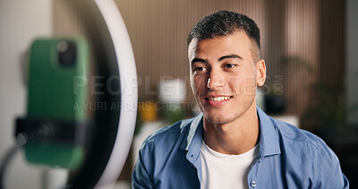 Buy stock photo Happy man, influencer and recording with ring light in house for content creation, smile and video on phone. Person, web chat and live streaming with post, mobile app and social network at apartment