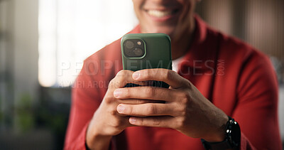 Buy stock photo Man, hands and typing in living room with phone, social media update and text message on dating app. Person, relax and scroll in home with browse website, online chat and entertainment on weekend.