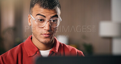 Buy stock photo Shocked, glasses and man in office with laptop, draft edit or source feedback for article. Wow, review or journalist in agency with tech, fact check or industry research for online publication