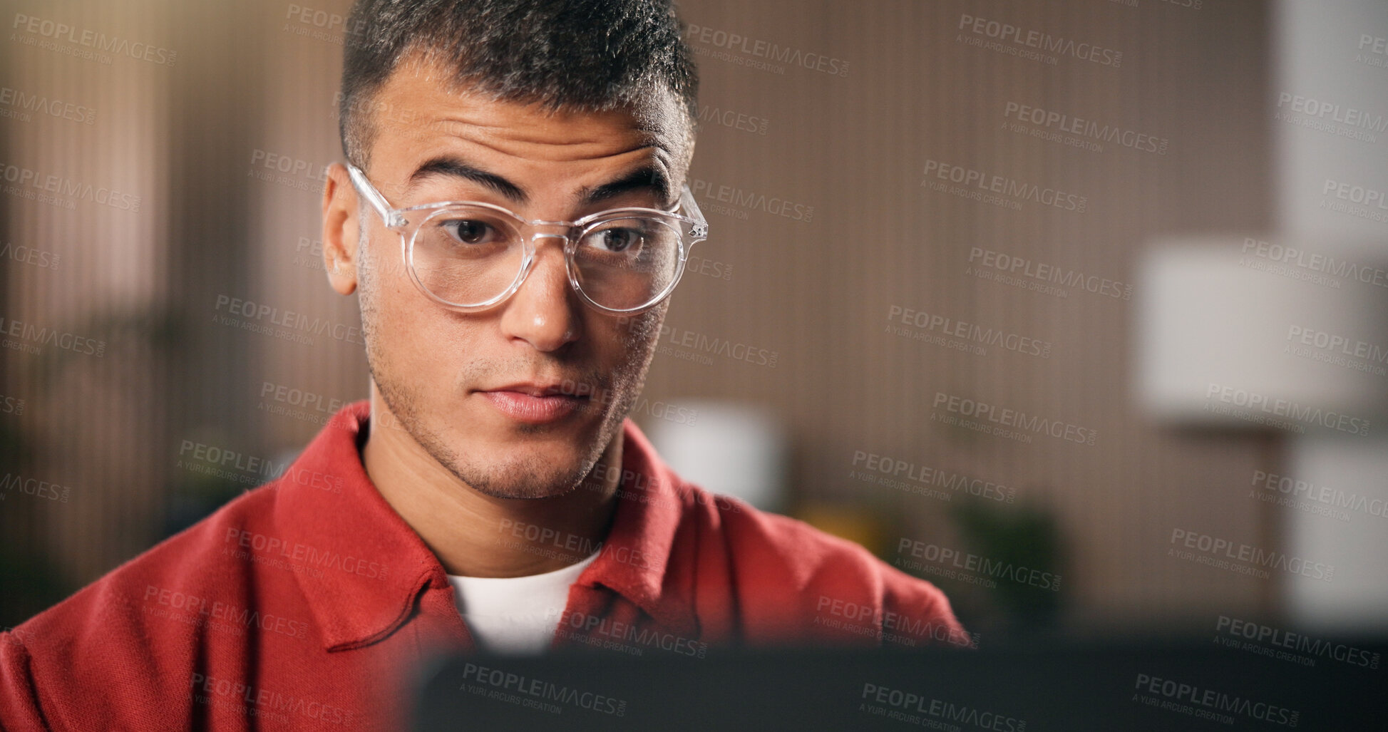 Buy stock photo Shocked, glasses and man in office with laptop, draft edit or source feedback for article. Wow, review or journalist in agency with tech, fact check or industry research for online publication