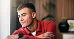 Man, thinking and relax in lounge in house with arms crossed, reflection and break on couch. Person, smile and perspective with inspiration, daydream or nostalgia on sofa in living room at apartment