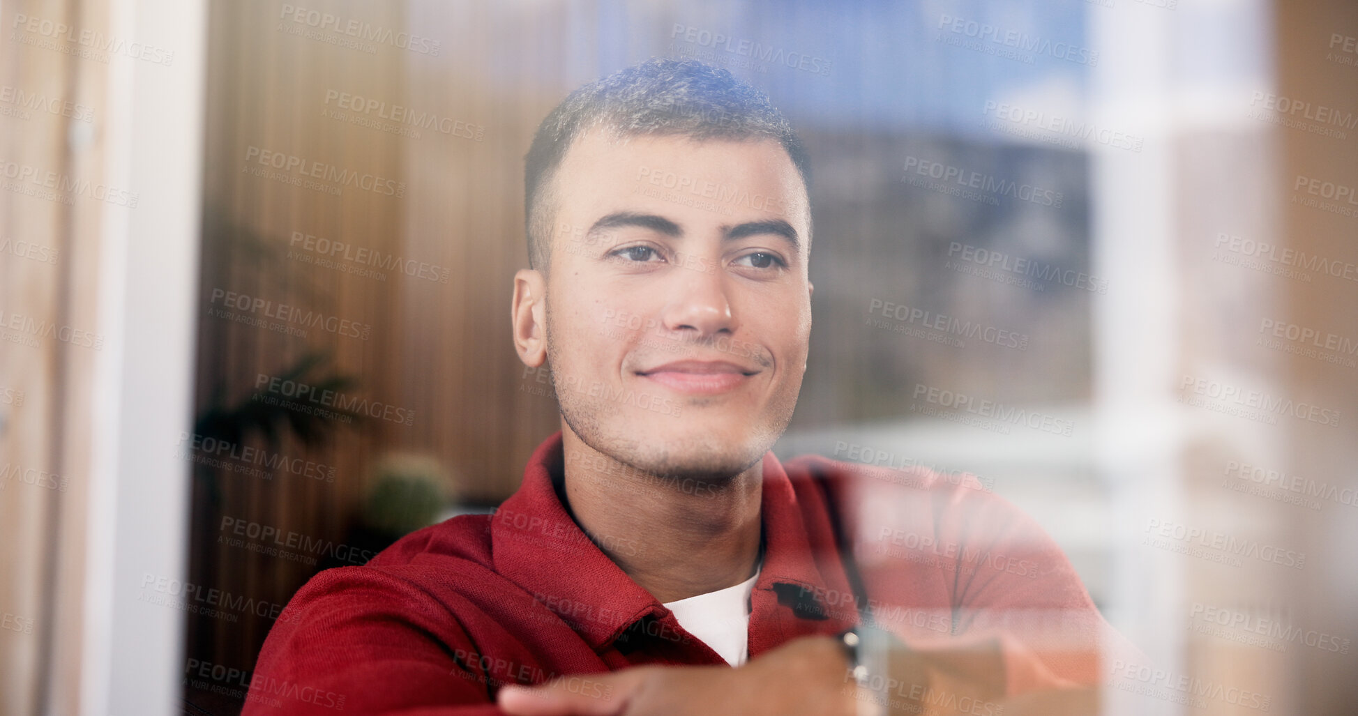 Buy stock photo Smile, man and thinking at window in house for daydreaming, check view and positive memory. Relax, happy person and thoughtful in apartment with mental reflection, weekend break and peaceful me time