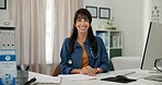 Smile, computer and portrait of doctor in office at hospital with confidence in medical career. Happy, mature woman and about us with tech for positive attitude, administration or document in clinic