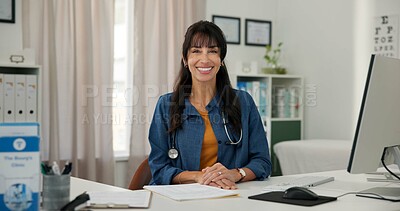 Buy stock photo Smile, computer and portrait of doctor in office at hospital with confidence in medical career. Happy, mature woman and about us with tech for positive attitude, administration or document in clinic