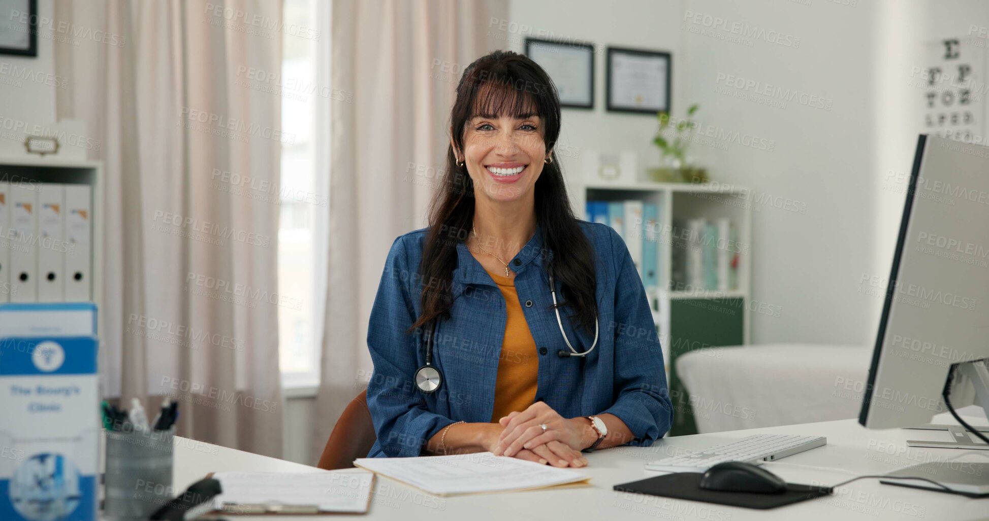 Buy stock photo Smile, computer and portrait of doctor in office at hospital with confidence in medical career. Happy, mature woman and about us with tech for positive attitude, administration or document in clinic