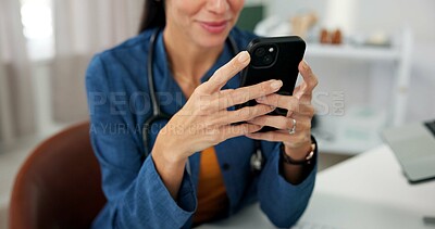 Buy stock photo Hands, doctor and woman in office with phone for patient review, medical research or diagnosis. Healthcare, clinic and female person with digital tech, report and online message for telehealth