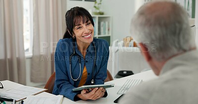 Buy stock photo Medical, doctor or old person in clinic with tablet, progress track or diagnosis advice in consultation. Healthcare, senior patient or gp with tech, online checklist or case guide with treatment plan