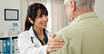 Doctor, woman and support old man in clinic for health update, treatment progress and checkup. Hospital, mature professional and senior patient with consultation for wellness, good news or healthcare